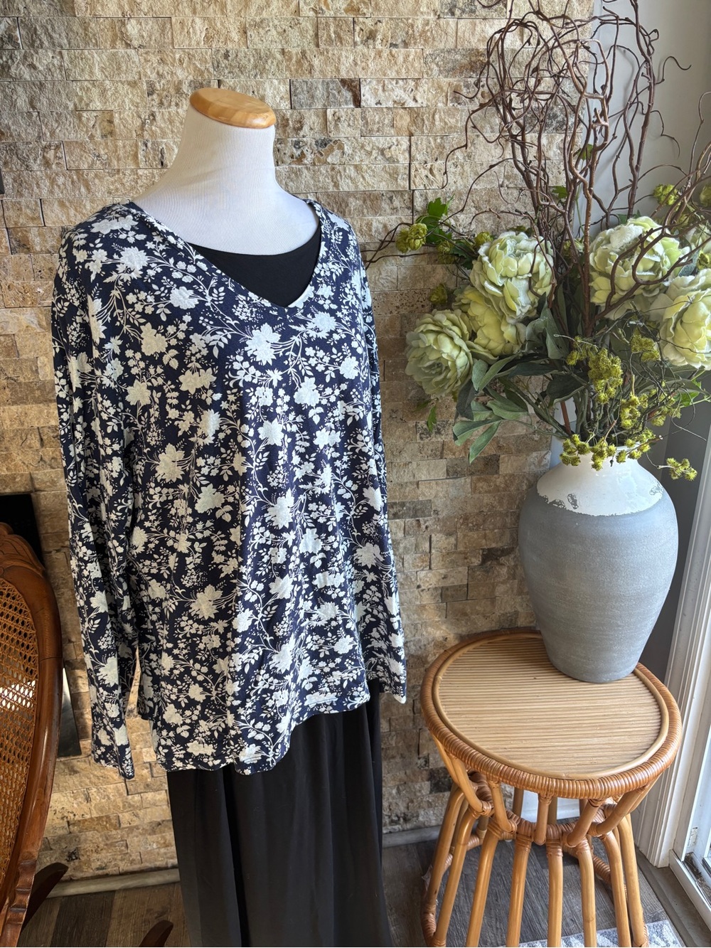Lands' End Navy and White Floral V-Neck Long Sleeve Tee